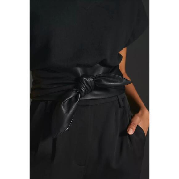 Anthropologie Faux Leather Waist-Tie Short Sleeve Cropped Top in Black, XS - Picture 7 of 12